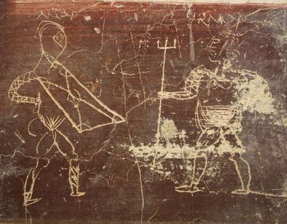 Drawing a Child on the Terrace Houses of Ephesus which showing a Gladiator Fight.