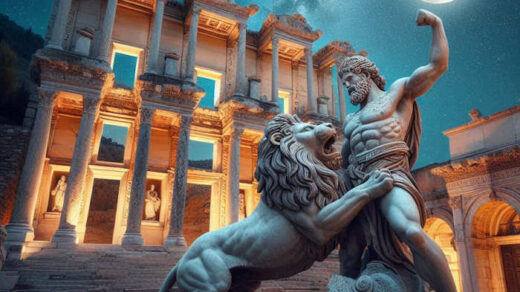 Hercules fighting Nemean Lion in front of Celsus Library of Ephesus